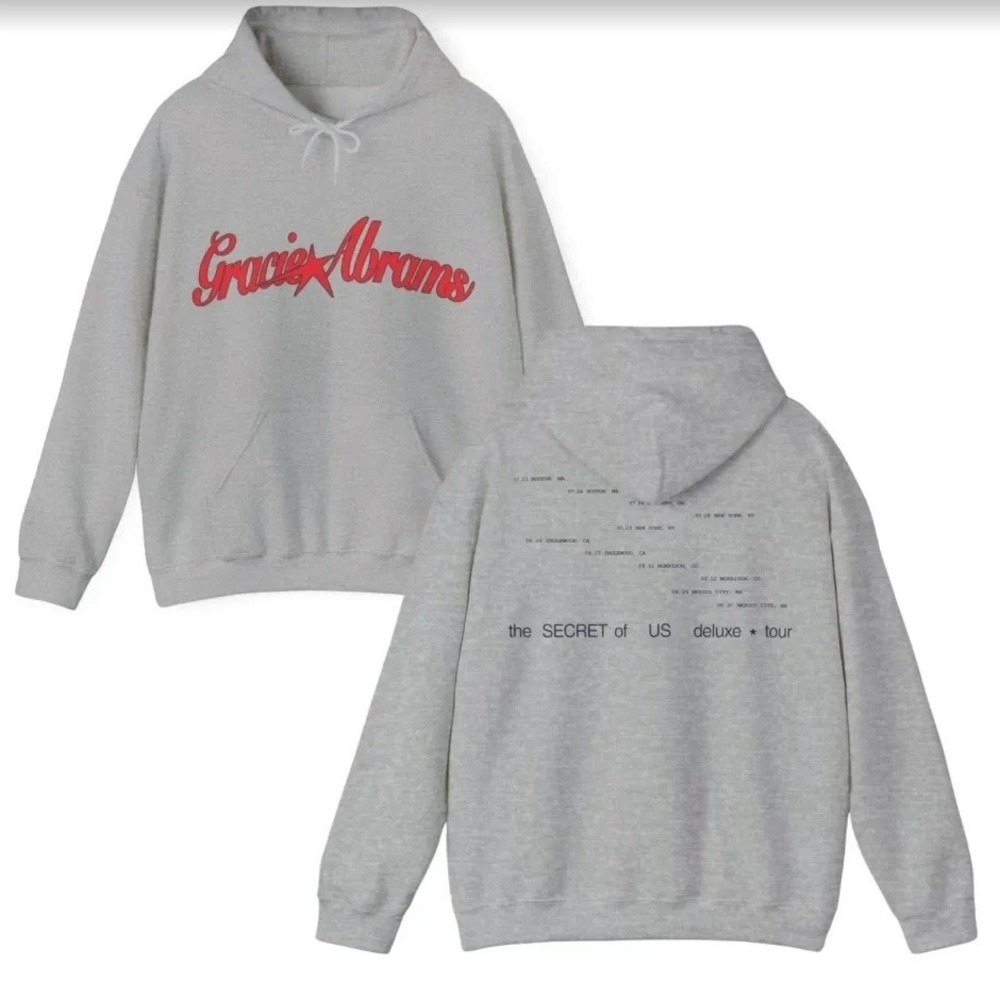 Gracie Abrams Unisex Size Small The Secret of Us Deluxe Tour Hoodie Gray Cotton